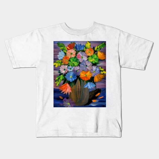 a beautiful bouquet of mixed flowers in a silver and turquoise and gold blend vase Kids T-Shirt by kkartwork